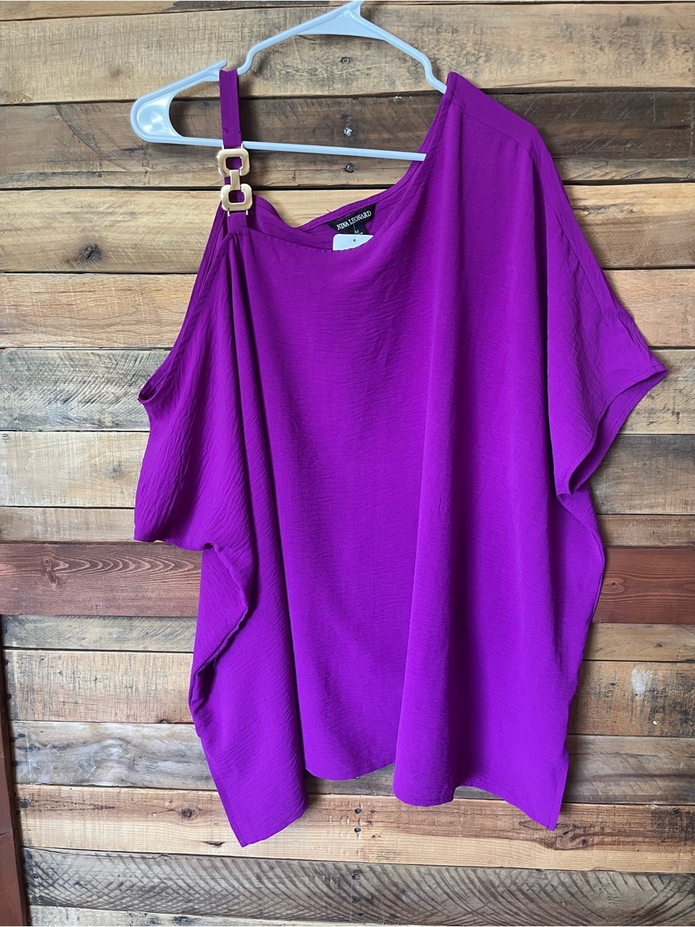 Nina Leonard One-Shoulder Magenta Blouse with Gold Accent